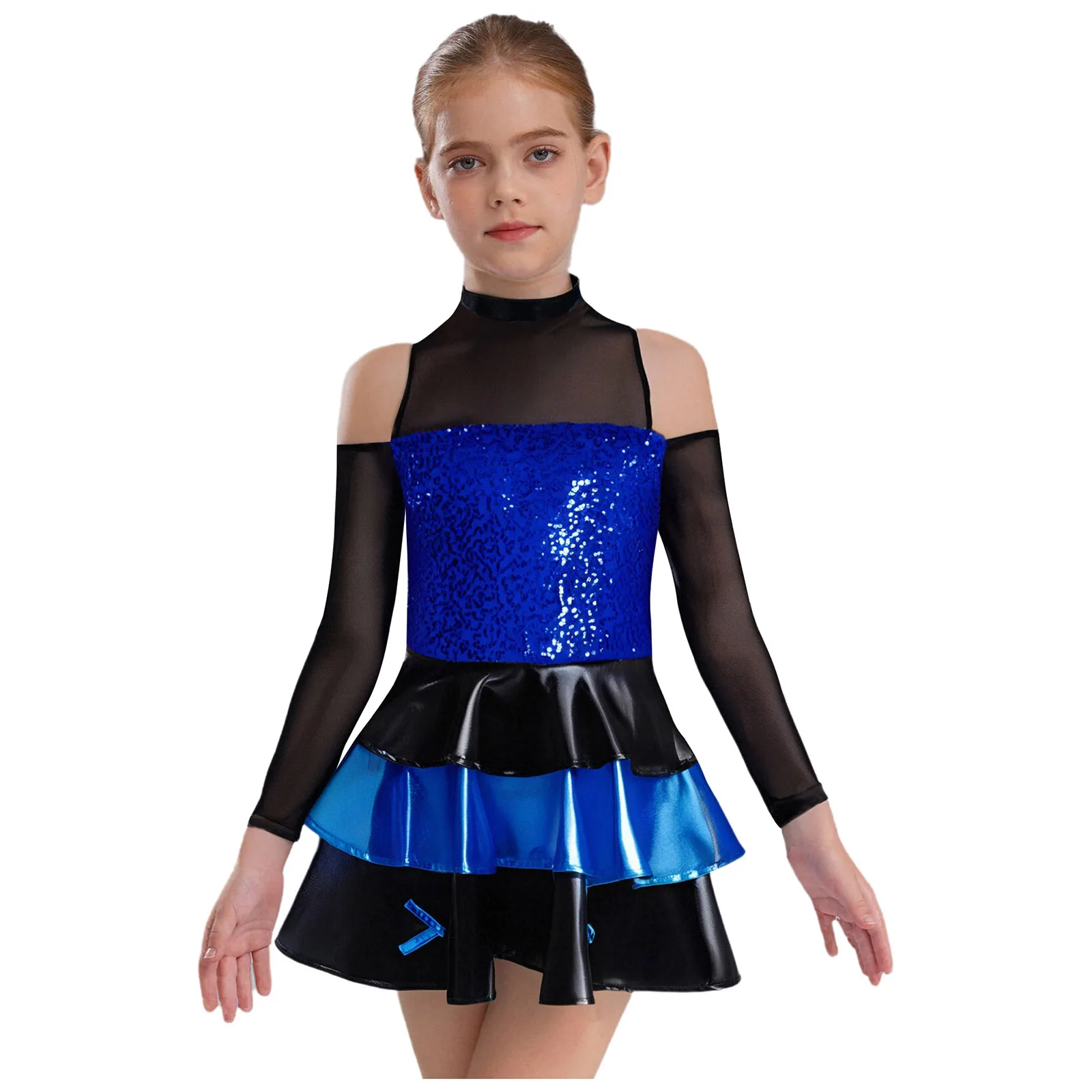女の子用キラキラ輝くスパンコールモダンジャズダンスドレス長袖コールドショルダーティアードフリルバレエドレスヒップホップチャチャ社交ダンス衣装