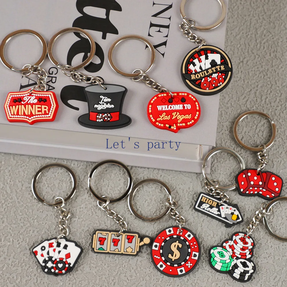 10Pcs Las Vegas Casino Poker Card Theme PVC Keychains Backpack Pendant toy for Boy Birthday Wedding Game Night Party Decoration