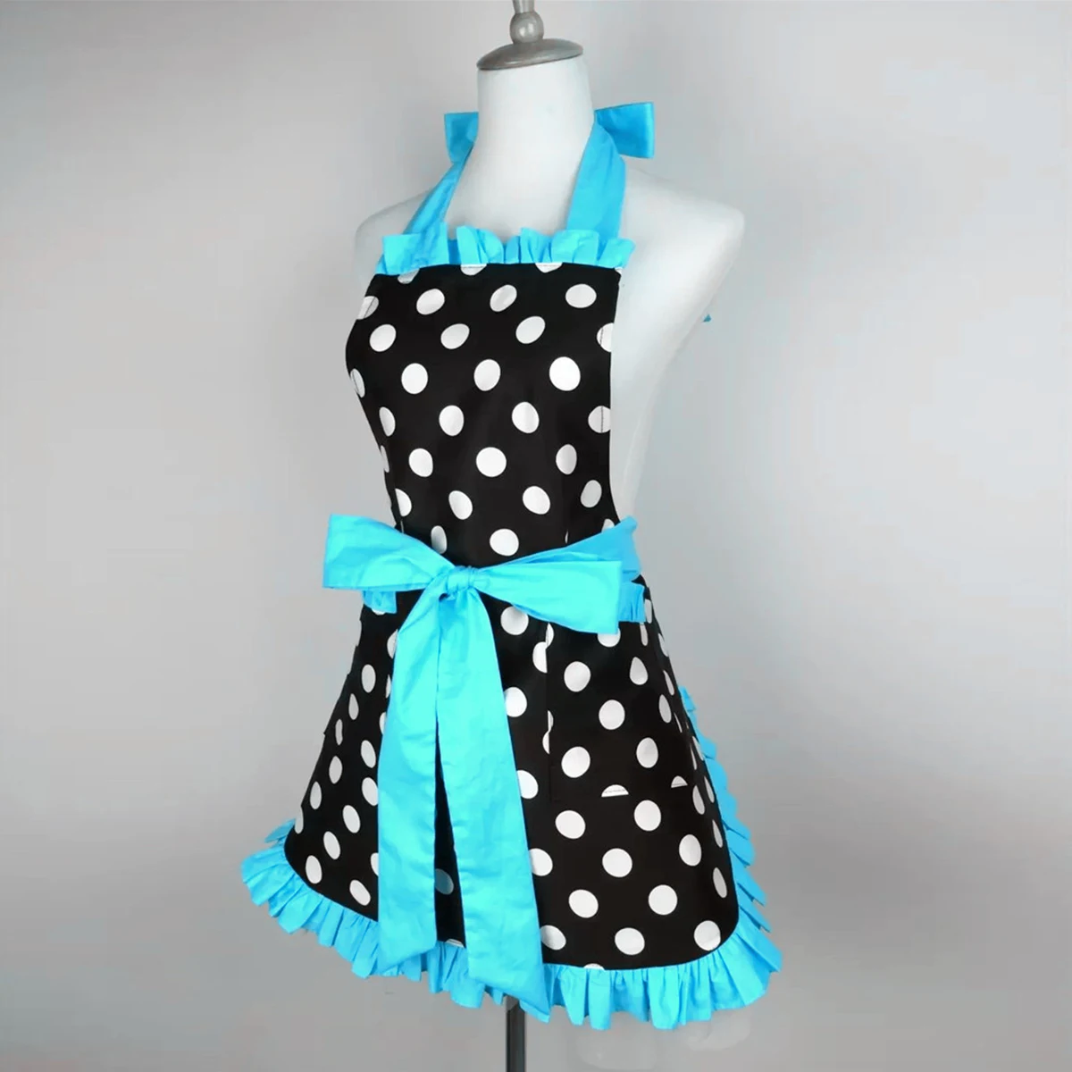 Cute Kitchen Apron Retro Polka Dot Aprons Adjustable Ruffle Side Vintage Cooking Aprons with Pockets for Car Wash/Painting Apron