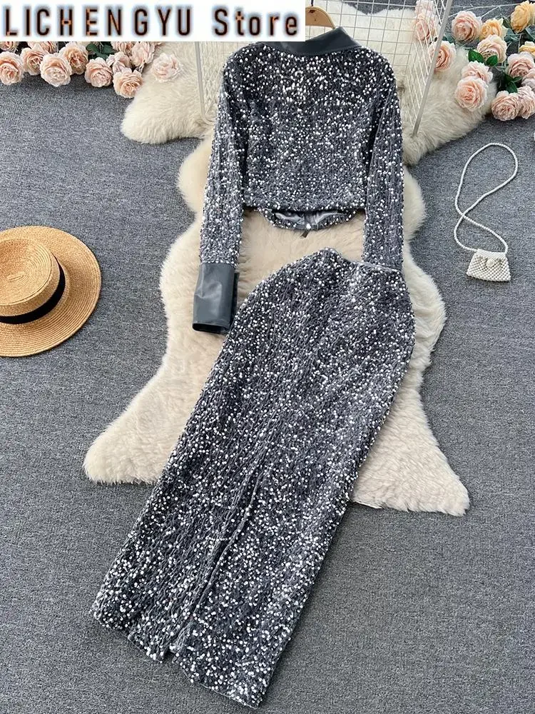 sweet casual two piece set for women lapel zipper long-sleeve coats sequins hip warp skirts suit winter spring