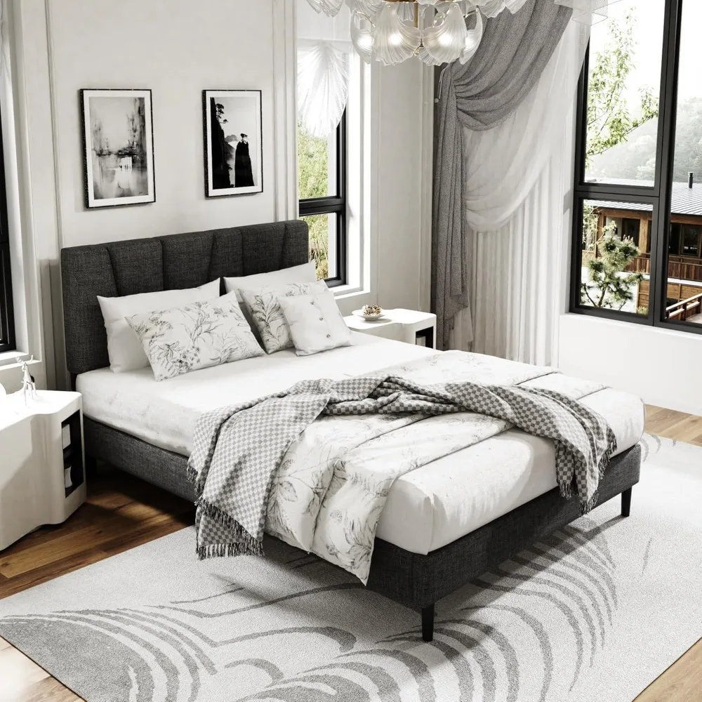 إطار سرير بمنصة كينج منجدة حديثة مع دعامة شرائح خشبية، لا يتطلب صندوق زنبركي، سهل التجميع، أوب صامت