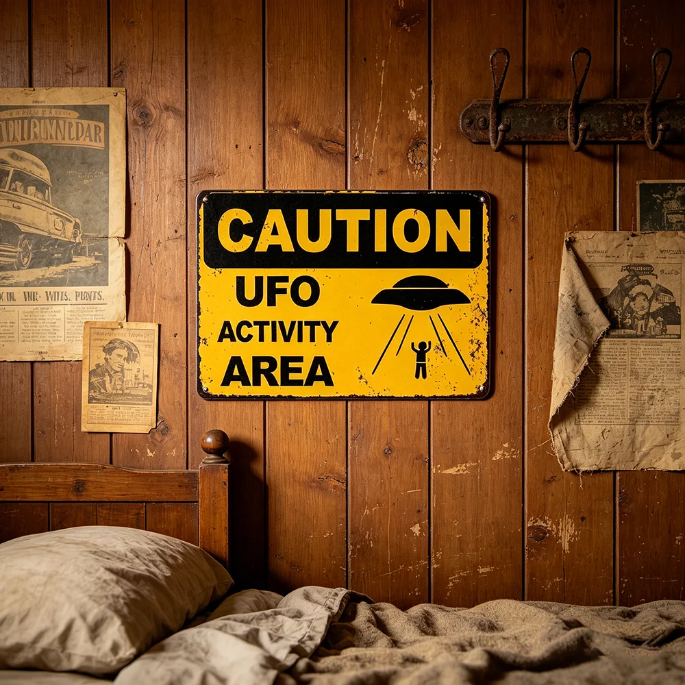 Vintage Caution UFO Activity Area Metal Sign - Retro Funny Alien Abduction Wall Art Decor Plaque for Man Cave Garage