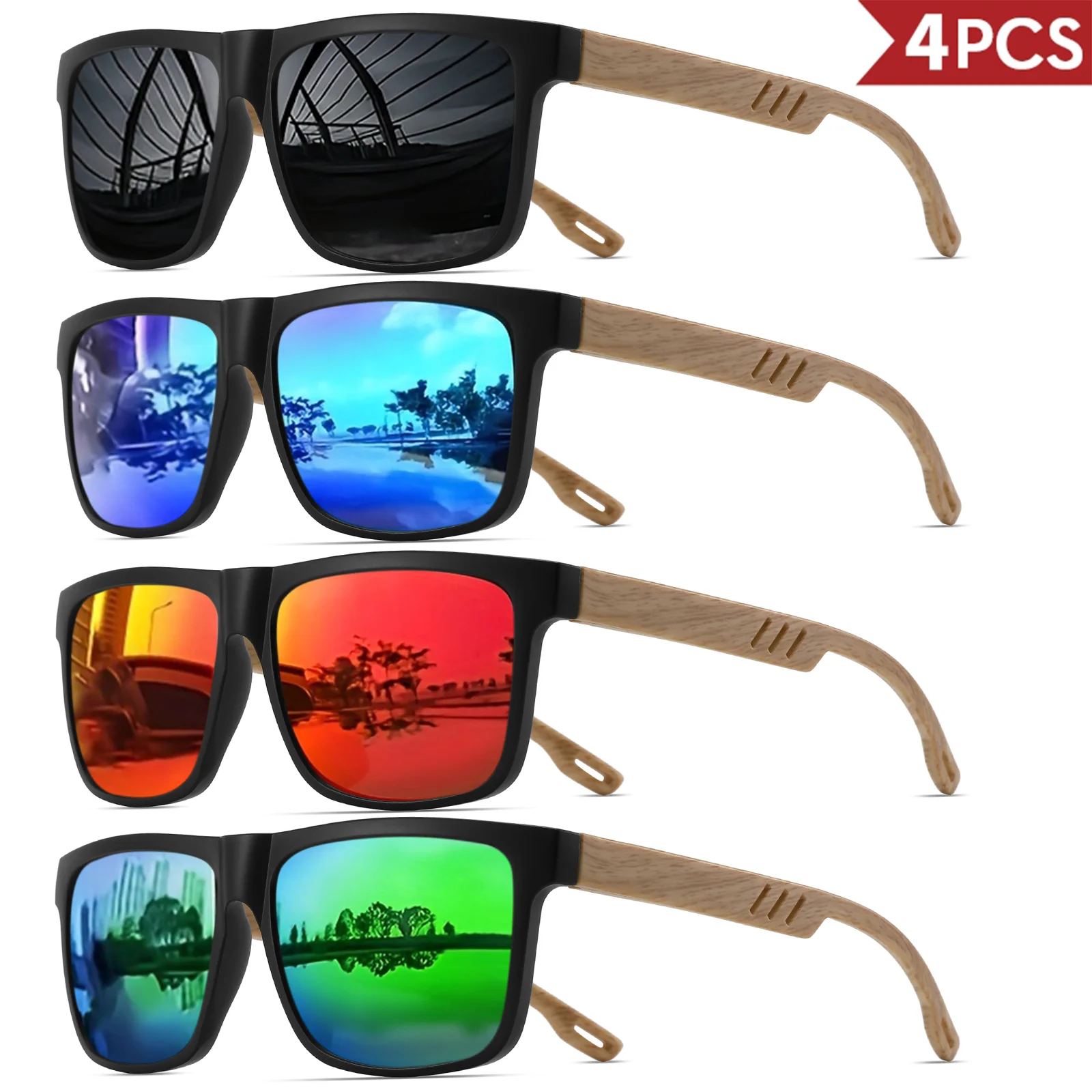 4 stuks houtnerf veerscharnier zonnebril - klassiek retro vierkant frame, UV400 unisex comfort geschikt voor dagelijkse vrijetijdskleding - afbeelding 1