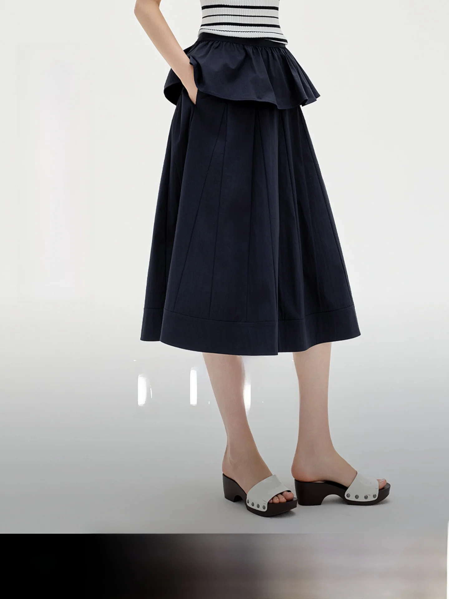Elle Nautical Academy Design Ruffle Hem A-Line Midi Skirt Women's Casual Elegant Half-length Skirts Summer New Style