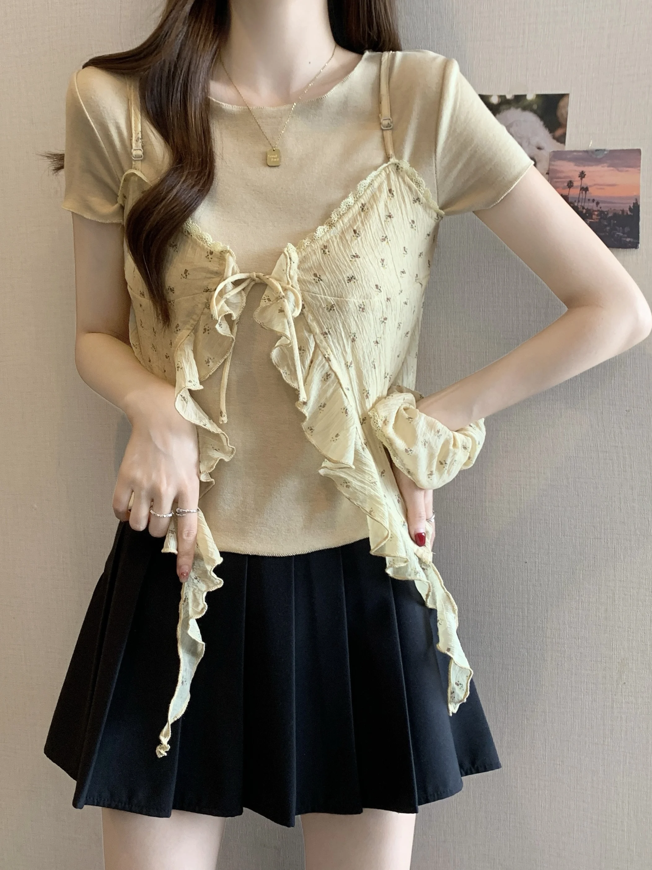 

Новинка! Летний комплект: женская футболка больших размеров с цветочным кружевом и коротким рукавом, свободный крой в корейском стиле, с завышенной талией, для повседневной носки.