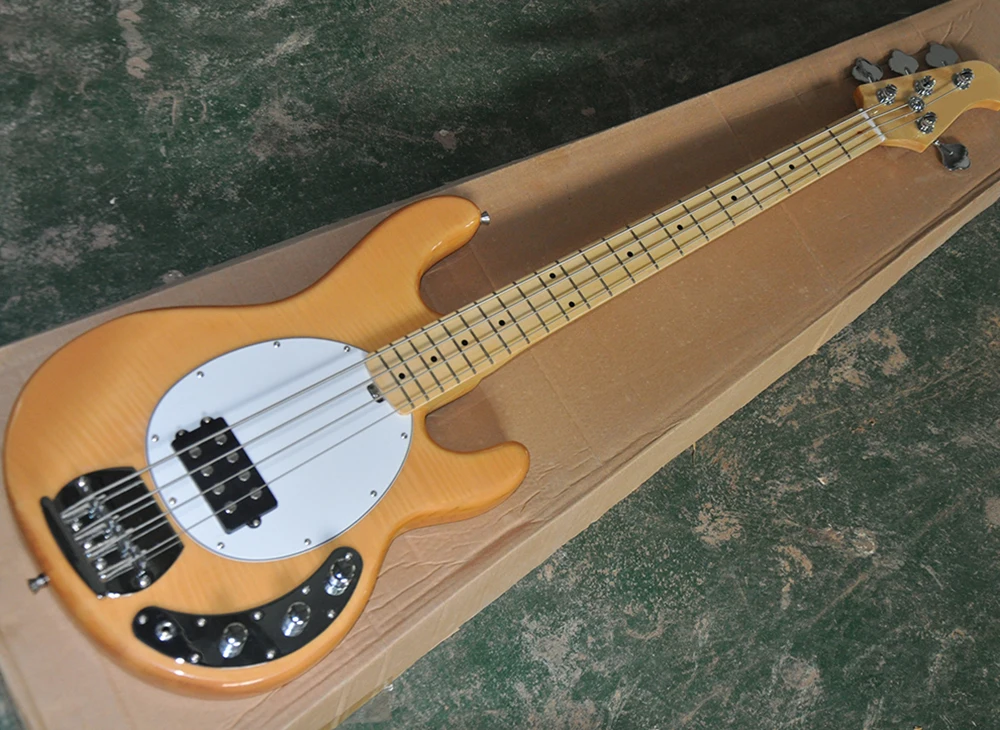 4 Strings Natural Wood Color Electric Bass Guitar with Maple Fretboard,White Pickguard