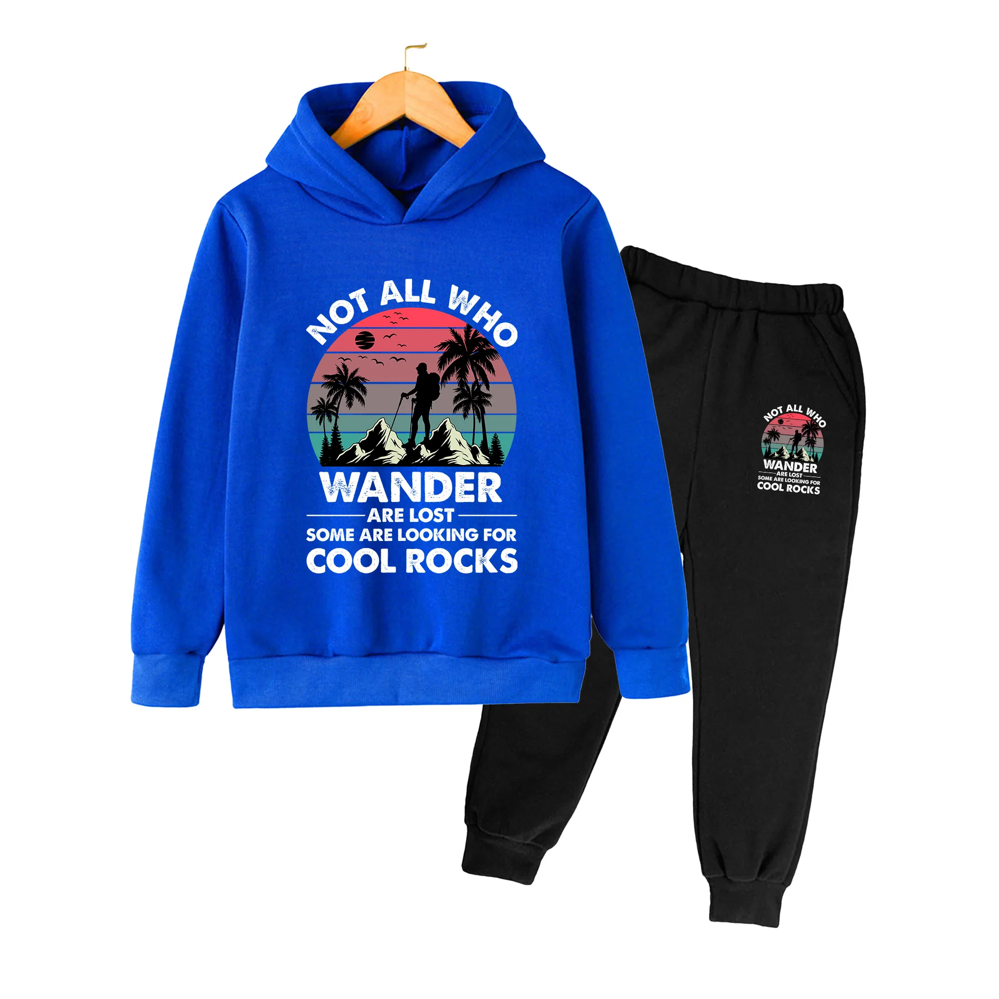 Kids Hiking Graphic Hoodie & Sweatpants Set, Retro Mountain Print Tracksuit for Boys Girls Outdoor Camping Travel