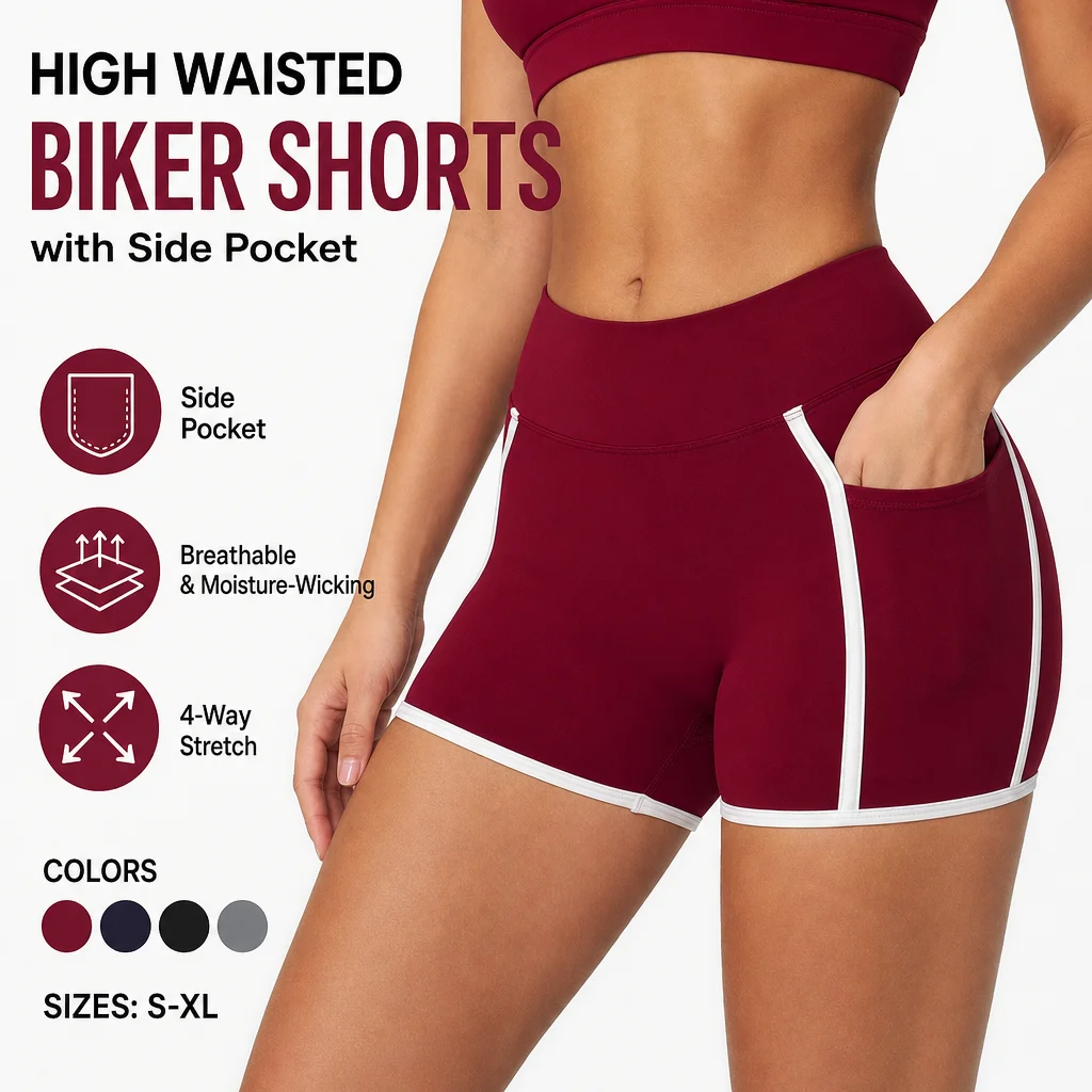 Women's High Waisted Biker Shorts with Side Pockets Contrast Piping Booty Lifting V-Seam Yoga Gym Running Workout Shorts S-XL