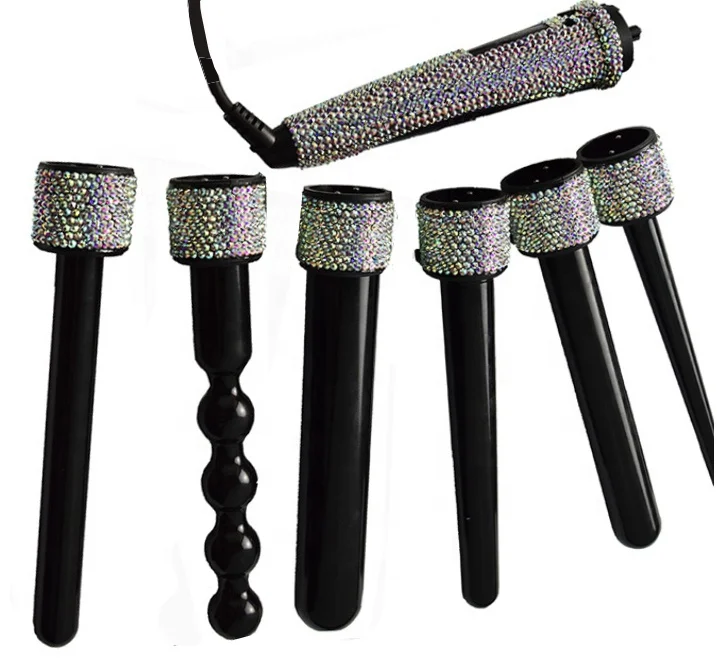 

Wholesale bling crystal rhinestone decoration fairy 6 in 1magic hair rechargeable curling curler wand iron