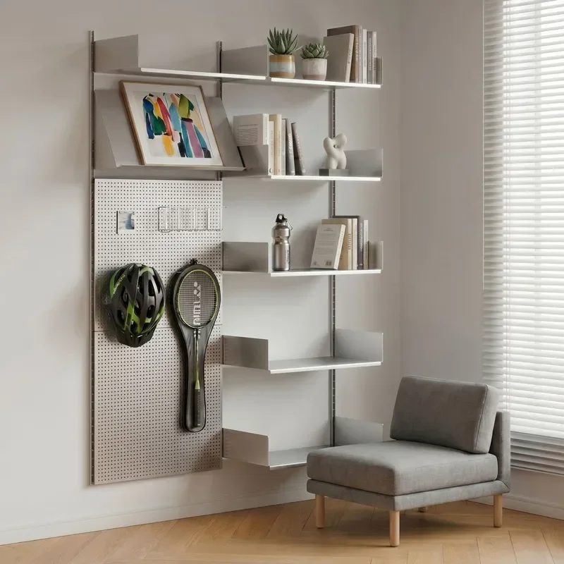 Stainless Steel Track Bookshelf Wall Mounted Adjustable Shelf DIY Module Display Rack for Living Room Ornament Storage