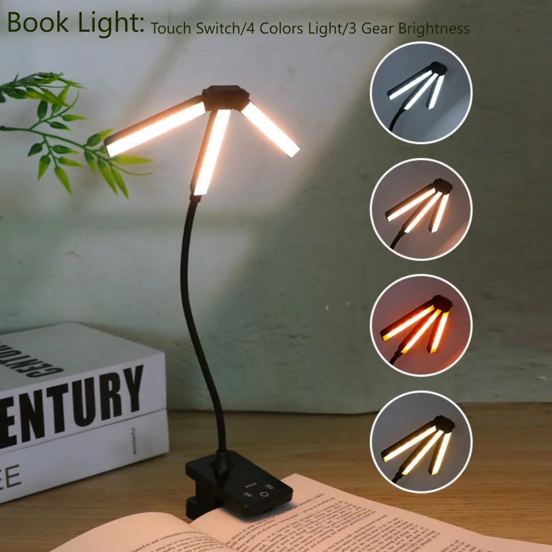 3 Head Clip Reading Light with 4 Color Adjustable Brightness, 1000mAh USB Rechargeable Flexible Hose Music Clip Lamp, Desk Light