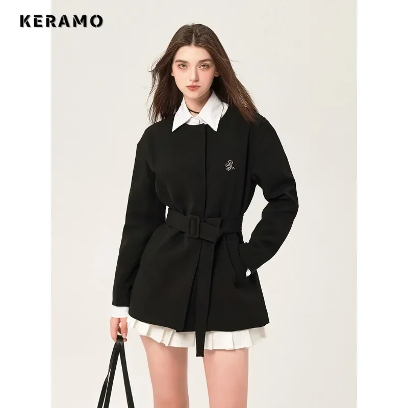 Women Vintage Office Lady Round Neck Long Sleeve Black Blazers 2024 Winter Casual Retro Belted Design Solid Color Tailored Coat