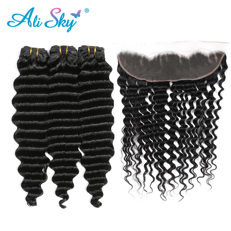 3/4 Bundles Deep Wave Human Hair Bundles With 13x4 Ear to Ear Lace Frontal Closure Transparent Hd Long 30inch Deep Wavy Bunldes