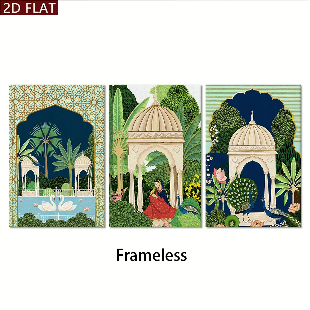 1 set of triptych Indian style garden architecture peacock swan living room bedroom frameless decorative painting 2D plan