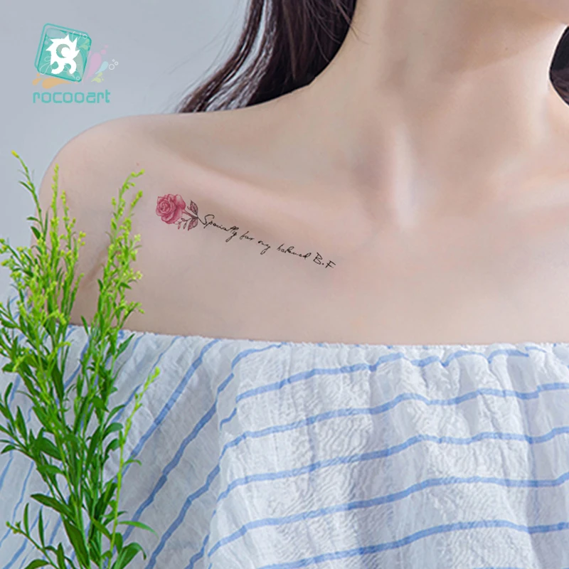 

Rocooart Valentine's Day Theme Holiday Temporary Body Fake Tattoo On Clavicle Wrist Hand Decoration Flower Cats Fake Tattos