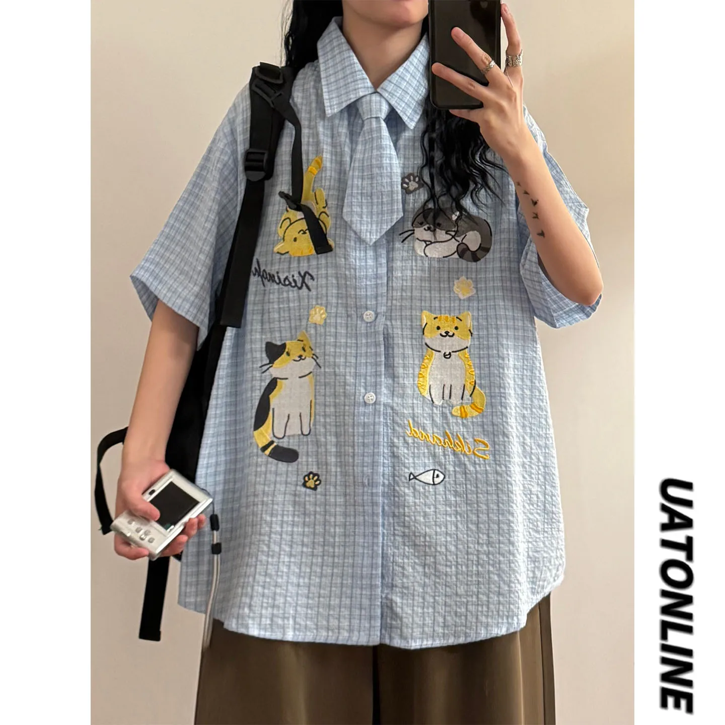 

UATONLINE2026 Summer Japanese Retro Casual Cute Embroidery Plaid Short Sleeve Women's Shirt Loose Fit Street Style C...