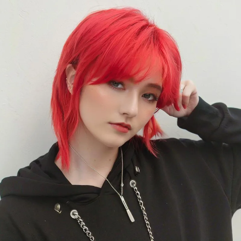 Peluca sintética de fibra universal con cola de lobo japonesa y coreana, peinados completos para hombres y mujeres, estilo mullet rojo.