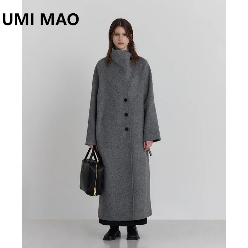 

UMI MAO, 100% шерстяное серое двустороннее шерстяное длинное пальто с высоким воротом для женщин, зимнее высококачественное шерстяное пальто