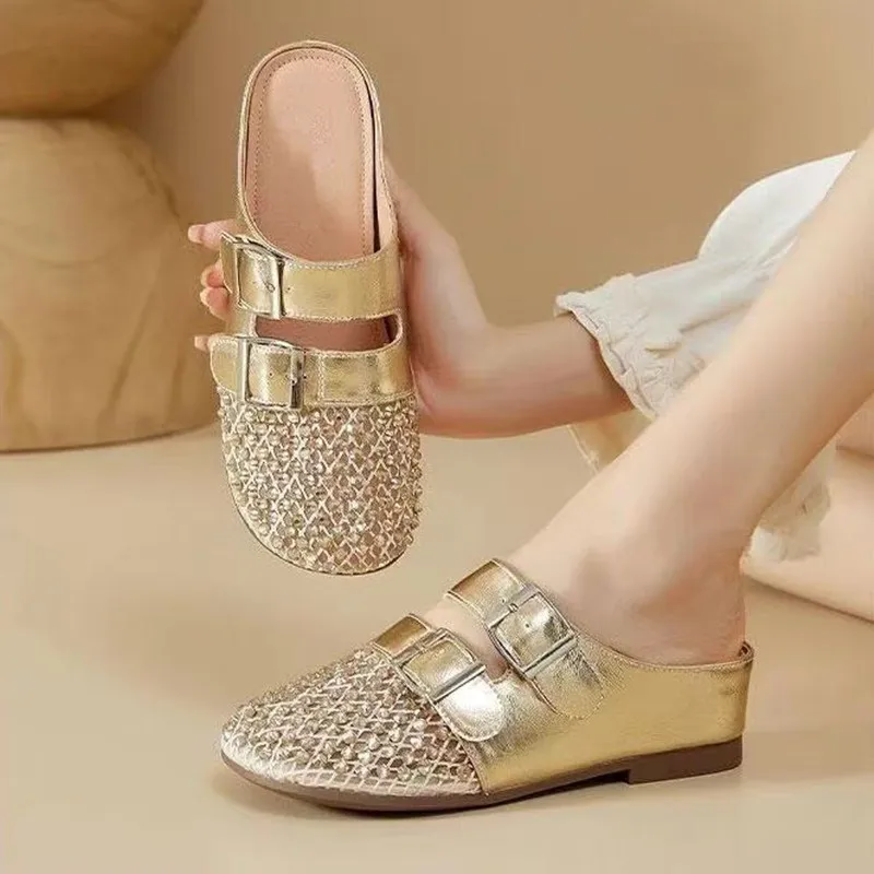 

Rhinestone Belt Buckle Slippers 2026 Summer Women Mesh Breathable Thick Bottom Slippers Outdoor Non-slip Flip-flops Beach Shoes