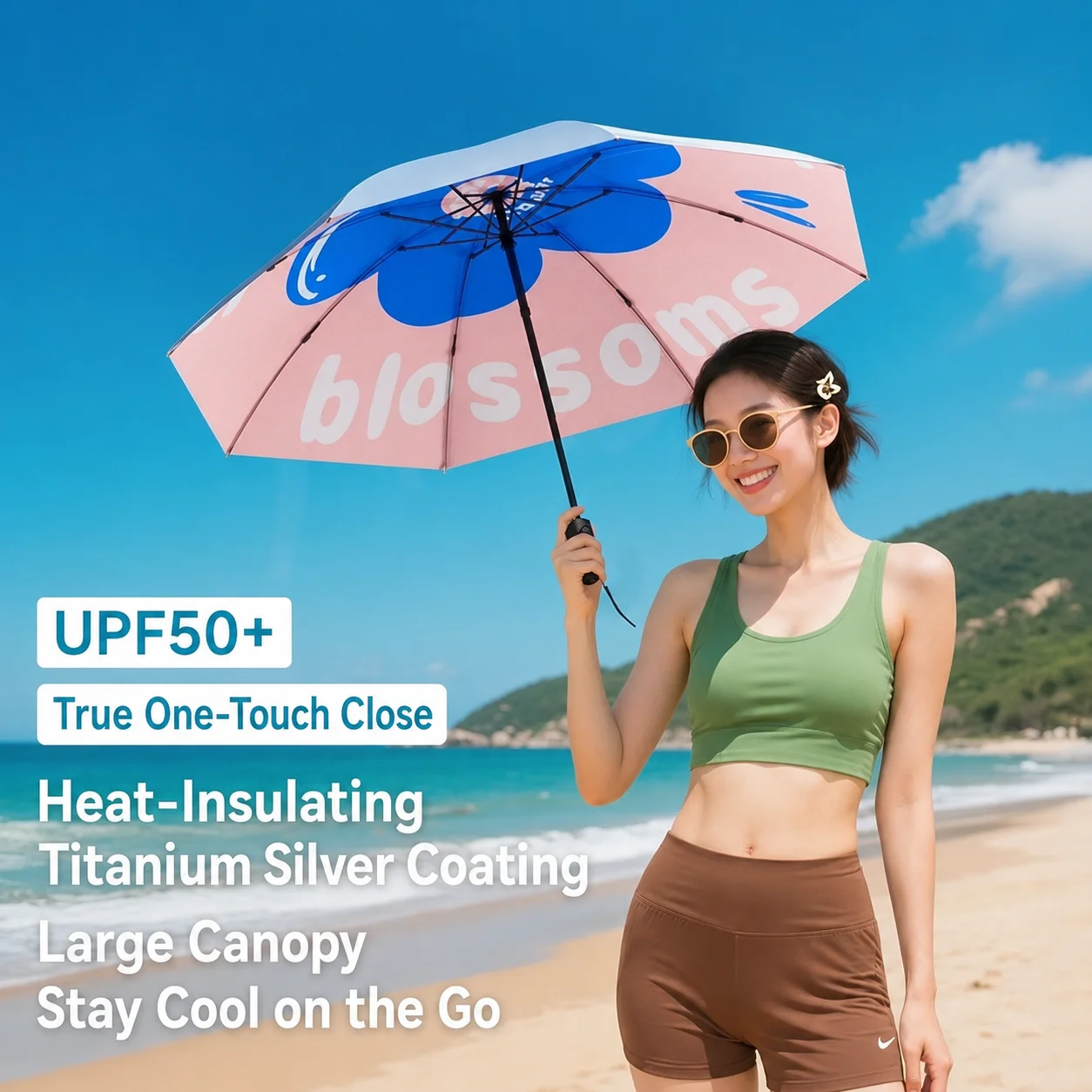 Electric Rechargeable Smart One-button Open and Close Silver-coated Sun-protective Fully Automatic Pink Girly Sunscreen Umbrella