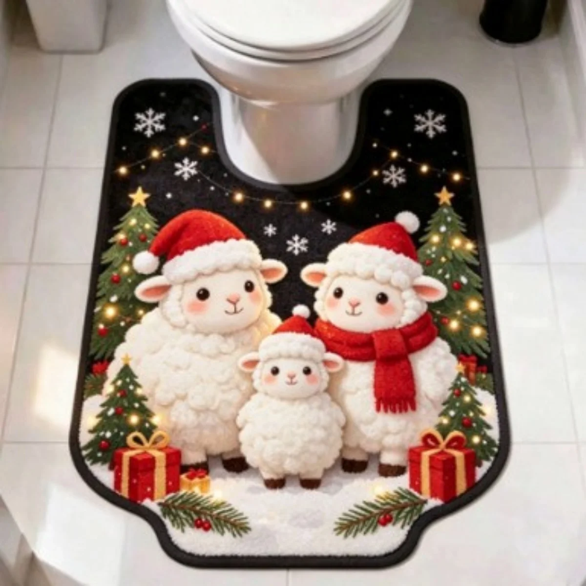B16 Christmas Theme U-shaped Floor Mat Cute Fluffy Sheep Pattern Decor Rug Ornament Washable Bathroom Toilet Decorative Carpet