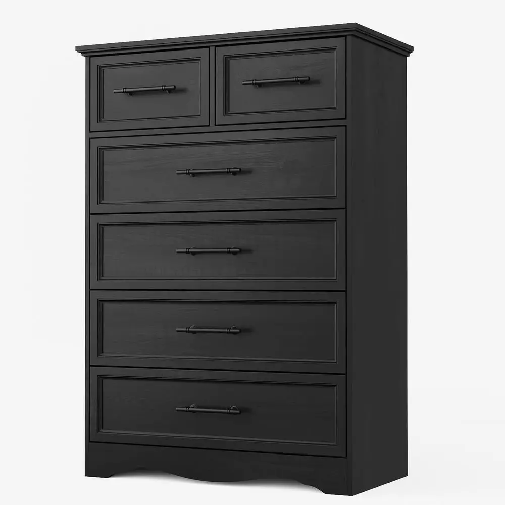 Black Armhouse Drawers or Bedroom, 6 Chest Drawers, 44 Tall Chest Drawers with Brushed Metal Handles, Wooden Closet Organizers a