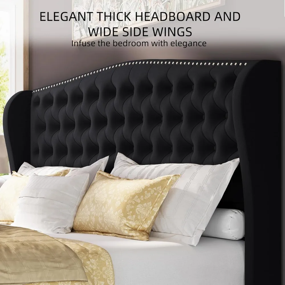 إطار سرير منجد بحجم كينغ، إطار سرير بمنصة معنقدة باللون الأسود المخملي مع لوح أمامي ولوح قدم مجنح، مع زر عميق معنقدة #3