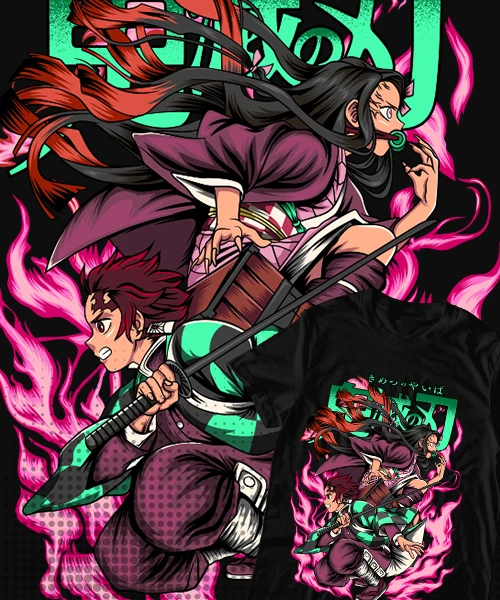 Camiseta unisex Demon Slayer Tanjiro & Nezuko en Batalla Cotton anime T-shirt