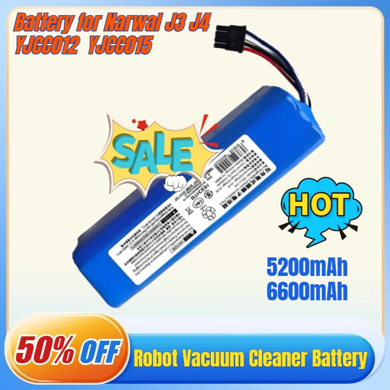 New 14.4V/14.8V 5200mAh 6600mAh Rechargeable Li-ion Battery for Narwal J3 J4 YJCC012 YJCC015 Robot Vacuum Cleaner Battery Pack