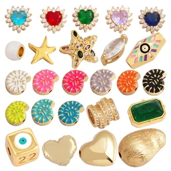 Mix Style Heart Star Eye Geometry 18K Gold Plated Brass Space Bead,Colorful Zircon Bracelet Necklace Charm Jewelry Supplies M64