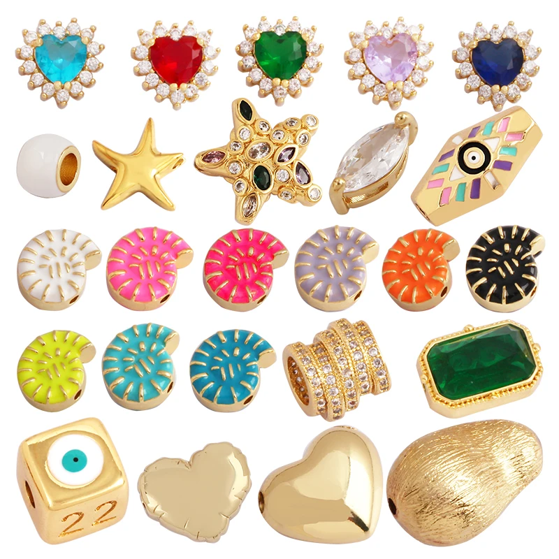 Mix Style Heart Star Eye Geometry 18K Gold Plated Brass Space Bead,Colorful Zircon Bracelet Necklace Charm Jewelry Supplies M64