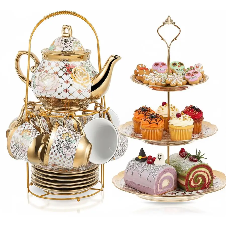 

21 Pcs Tea Party Set for Adults European Floral Tea Set with Metal Holder and 3 Tier Ceramic Cake Stand Porcelain Flower Cup Tea