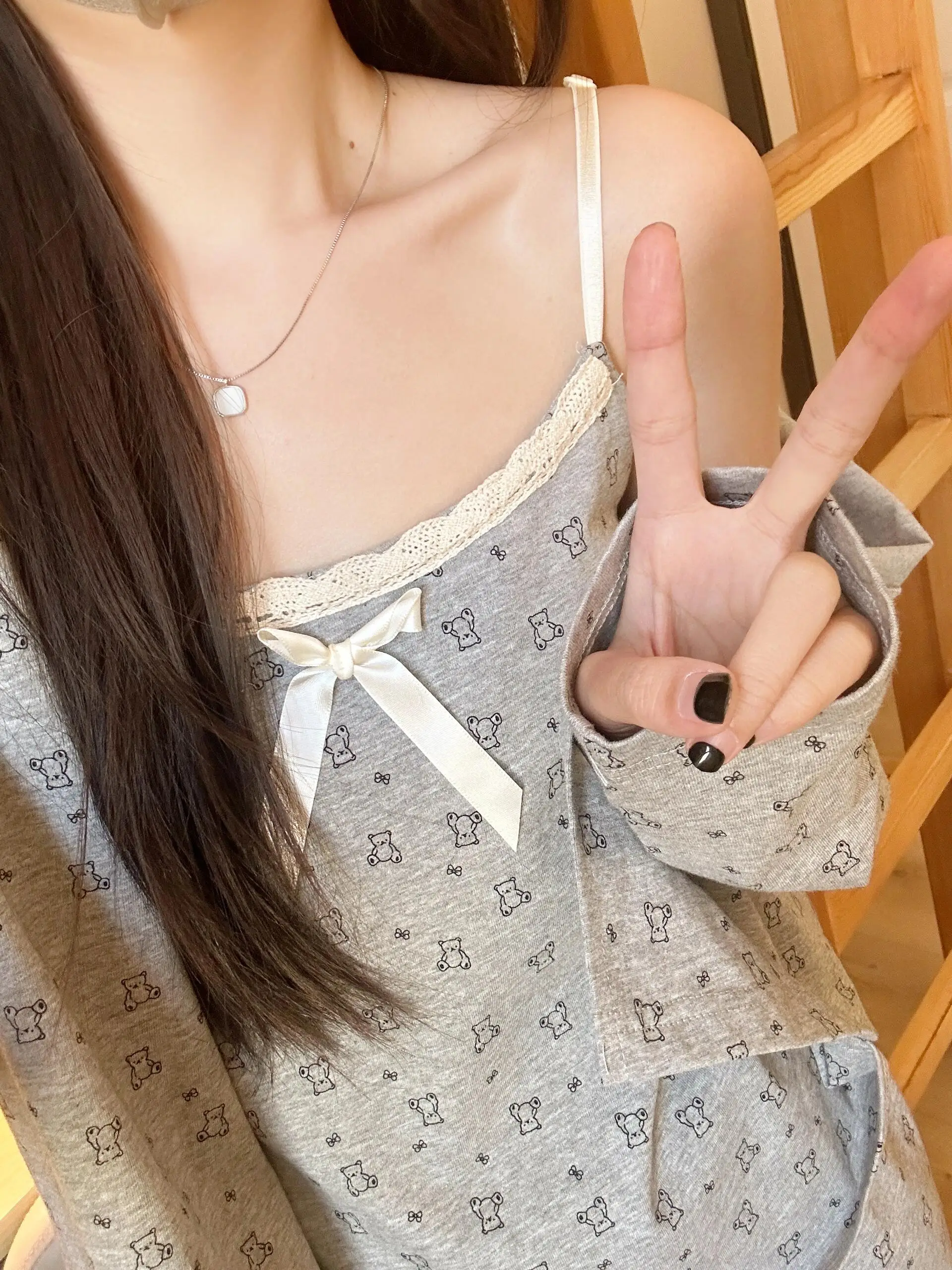 2025 New Women's Sleepwear Set with Chest Pad Bear Bow Knot Cartoon Home Clothes Three-piece Set Long Sleeve round Neck Pullover