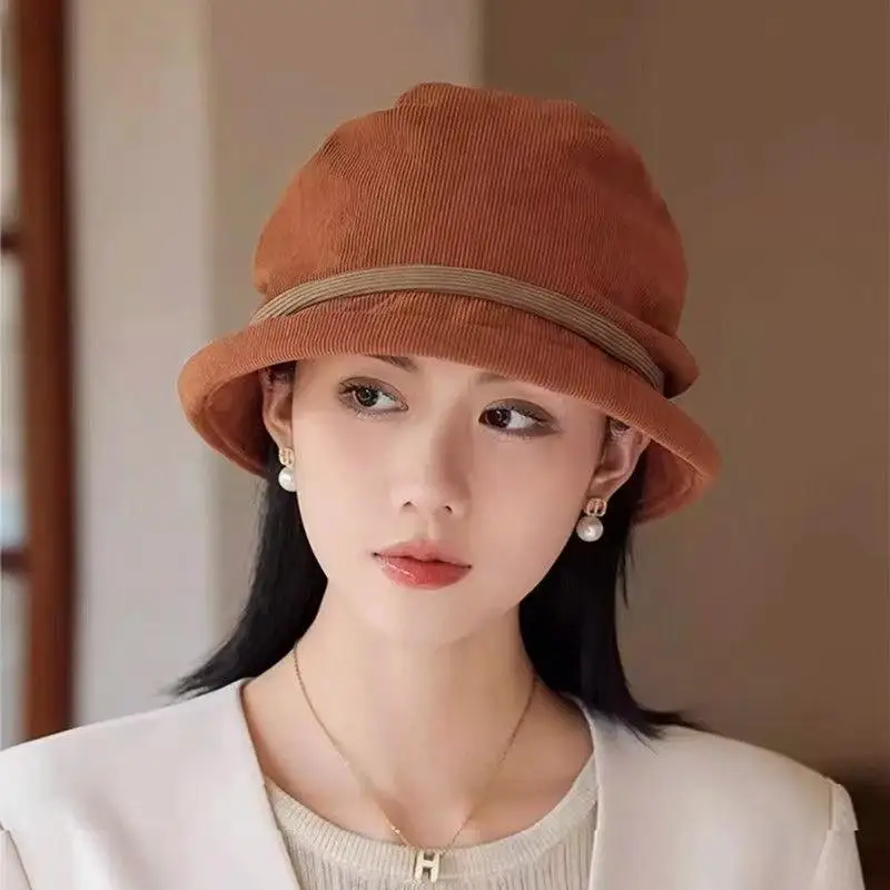 Japanese Casual Corduroy Bucket Hat Warm Windproof Fisherman Caps Retro Wide Brimmed Basin Hat