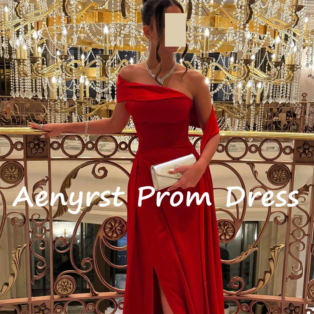 Aenyrst Red Mermaid Satin Prom Dresses With Cape Side Split Evening Gowns Ankle Length Christmas Party Dress Long فساتين السهرة