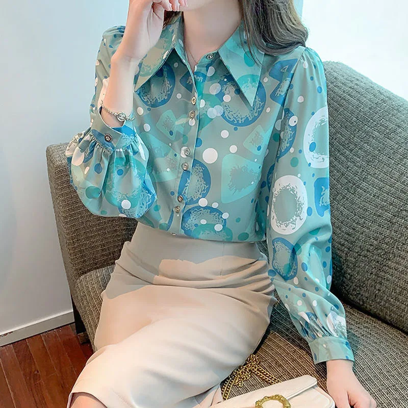Casual Korean Women's Printed Long Sleeve Blouse Autumn Fashion All-match Turn-down Collar Button Spliced Shirt Female Clothing
