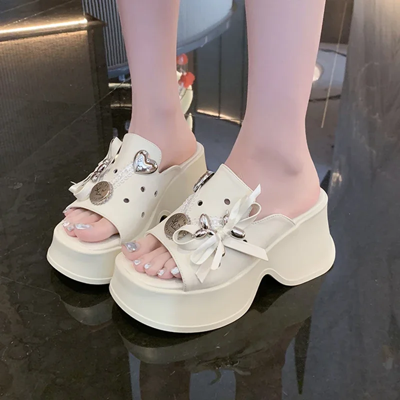 

Metal Decor Chunky Platform Sandals Women 2026 Summer Open Toe High Heels Clogs Slippers Woman Bowknot Wedge Heel Sandles Female