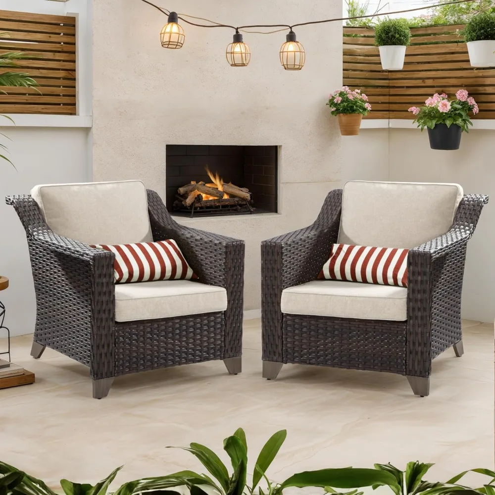 Outdoor Wicker Chair, Patio Dining Chairs Set 2 Pieces, High Back Single Chairs, Upgraded Large Size with 4inch