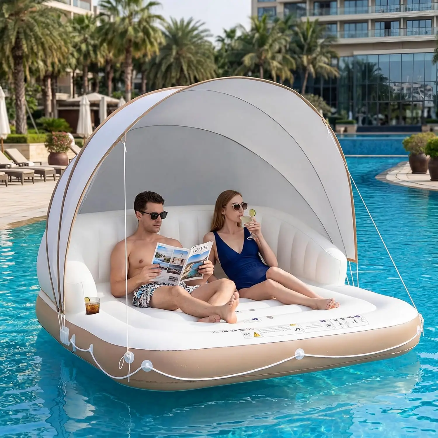 Inflatable Canopy Island Lounge Float, Floating Island Raft with SPF50+ Retractable Detachable Sunshade, 71