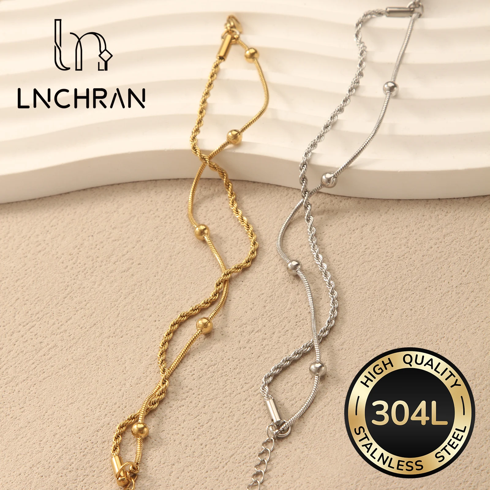 Golden Silvery Twisted Chain Bracelet 304L Stainless Steel Adjustable for Women