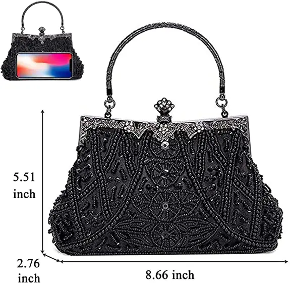 Lost in Vintage Clutch Handbag Beaded and Sequin Kiss-lock Closurer Shoulder Bag Crossbody Detachable ChainProm Evening Party