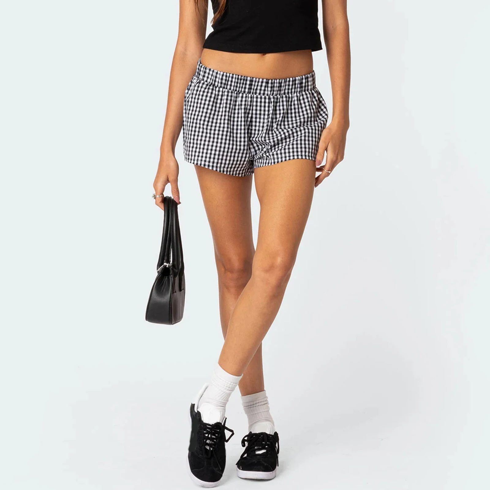 Summer Women's Casual Shorts Plaid Print Elastic Waist Loose Short Pants Pull On Loungewear Shorts