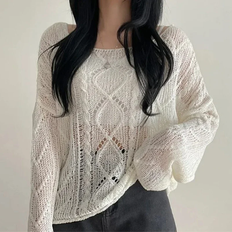 

Long Sleeve Crochet Top Cable Knit Summer Beach Bikini Cover Up Crop Pullover Openwork Blouse Women Vacation Boho Outfit