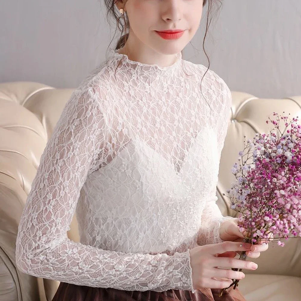 Women Elastic See Through Lace T Shirt Black White Color Stretch Shirt O-Neck Long Sleeve Women S-XL Top Fashion Ladies Blouses