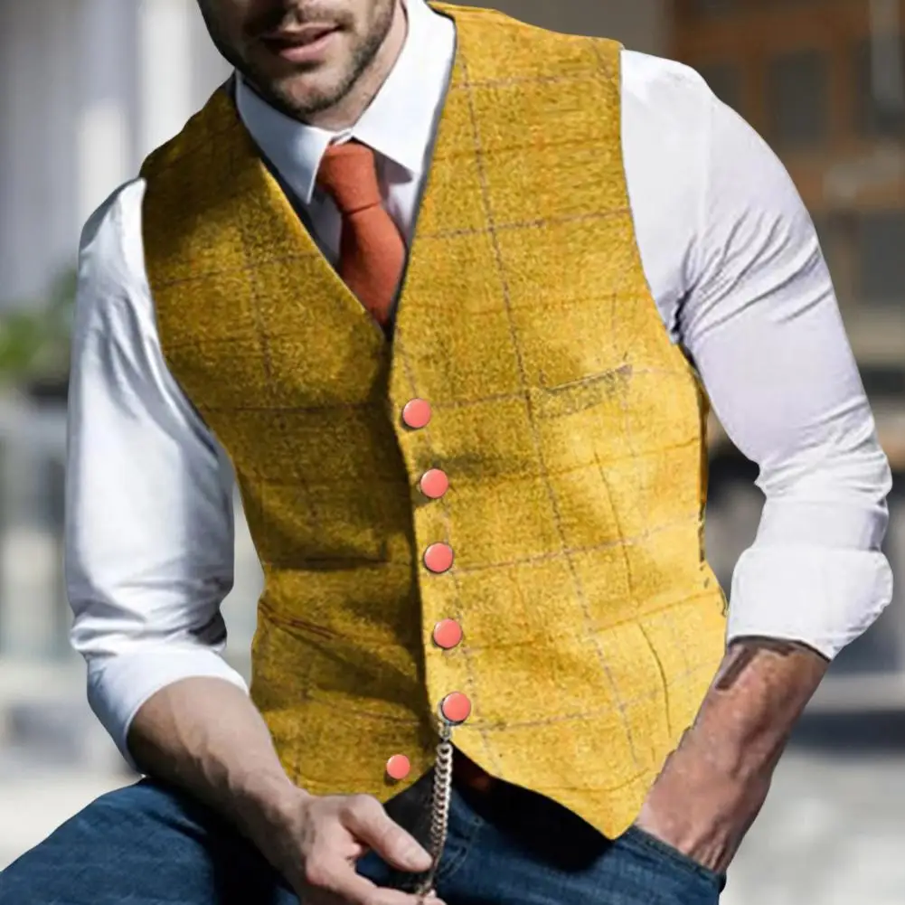 Fashion Men\'s Vests Lapel Plaid V-neck Waistcoat Slim Fit Vest Business Formal Dress Suit Casual Wedding Tuxedo Male Vest