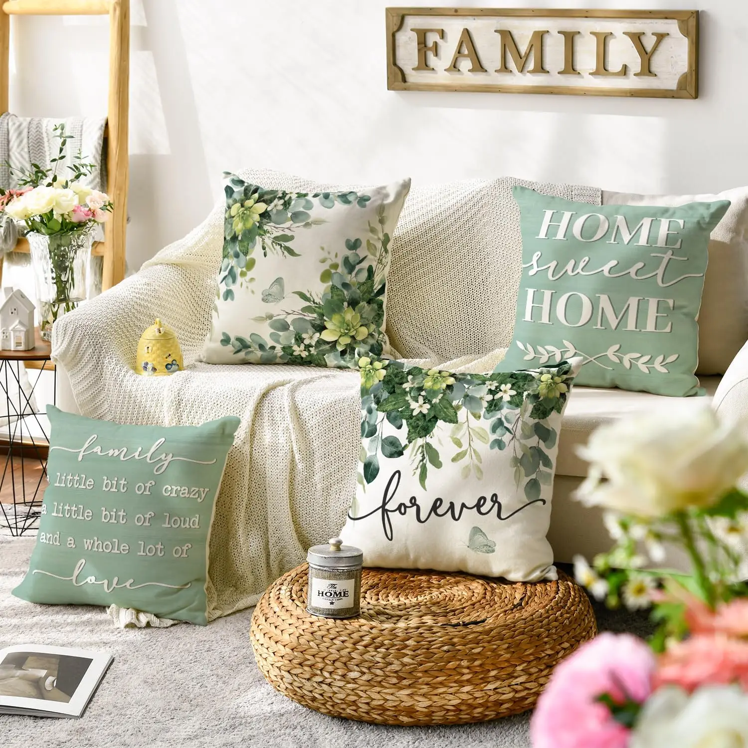 4Pcs Eucalyptus Throw Pillow Covers Succulent Home Quote Cushion Covers with Print for Living Room Bedroom Sofa Home