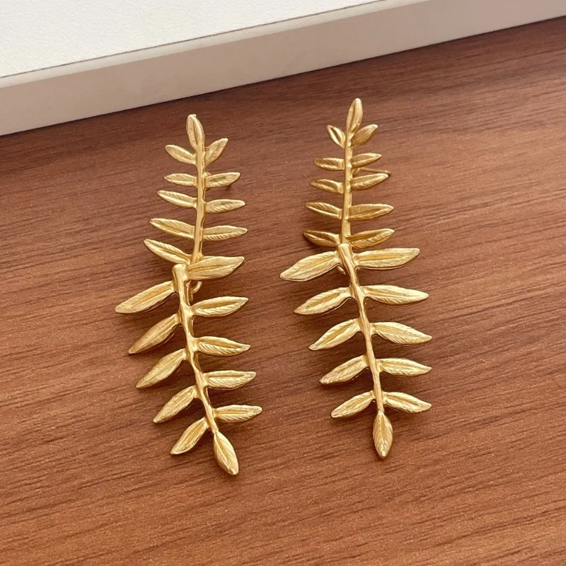 Minar French Matte Color Metallic Leaf Long Dangle Earrings for Women Real Gold Silver Plated Copper Alloy Party Daily Jewelry