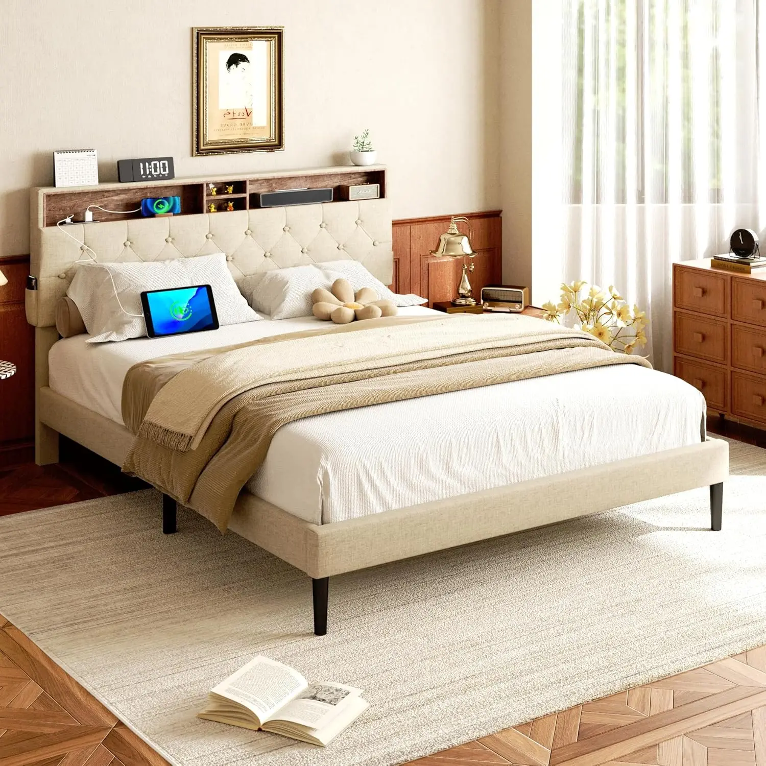 Queen Size Bed Frame-Heavy Duty Wooden Platform Bed with Storage & Adjustable Headboard, Built in Charging Station