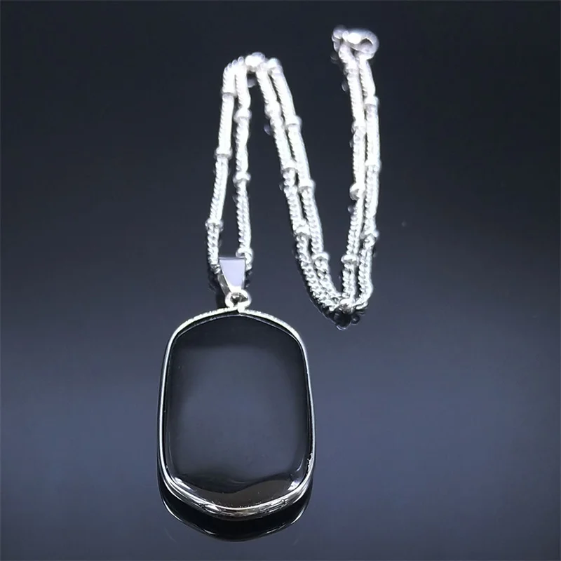 Black Obsidian Geometric Lucky Pendant Necklace Women Boho Natural Stone Stainless Steel Silver Color Necklaces Jewelry NA145S04