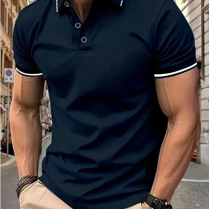 

Summer Short Sleeve Men's Clothing Turn-down Collar Solid Color Pullover Button T-shirt Casual Formal Retro Boyfriend Tops